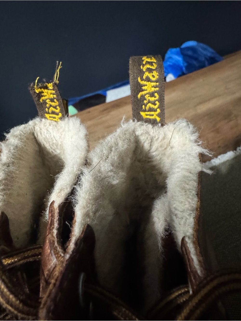 Dr. Martens Brown Leather Shearling-Lined Lace-Up Boots with Yellow Pull Tabs - Picture 5 of 5